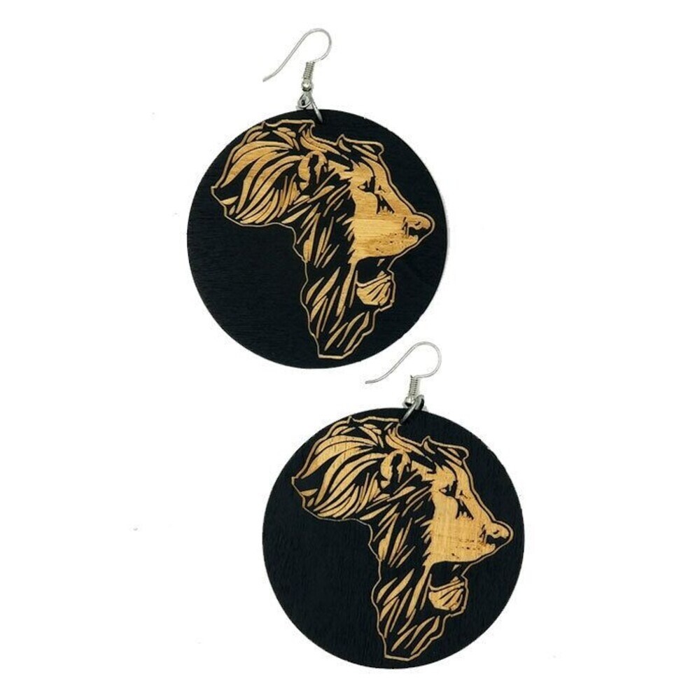 African Lion Wood Earrings